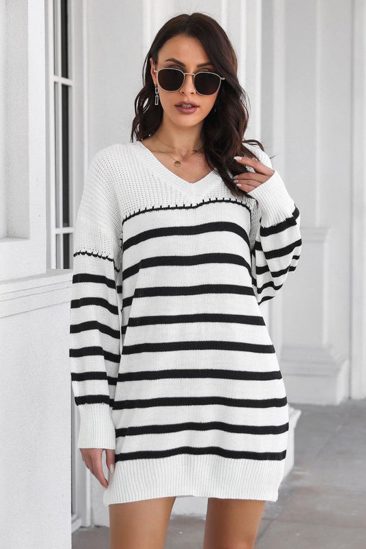 Striped V-Neck Drop Shulder Sweater Dress BLUE ZONE PLANET