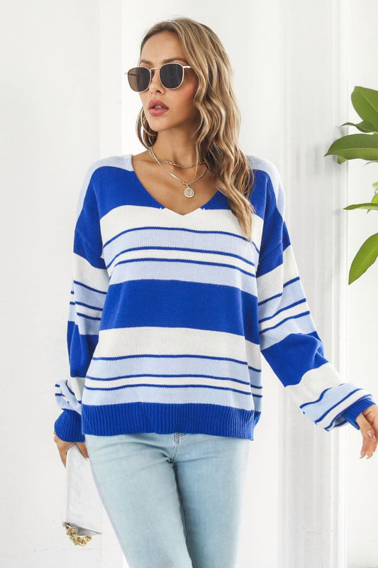 Striped V-Neck Dropped Shoulder Sweater BLUE ZONE PLANET