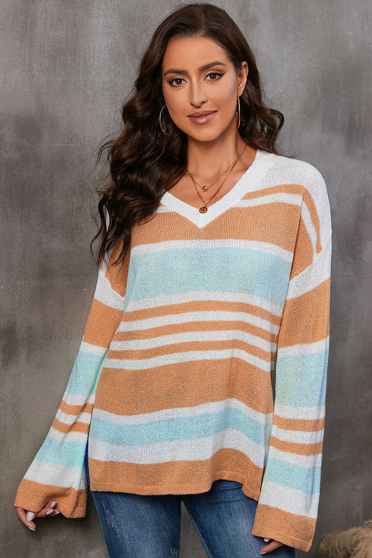 Striped V-Neck Knit Top BLUE ZONE PLANET