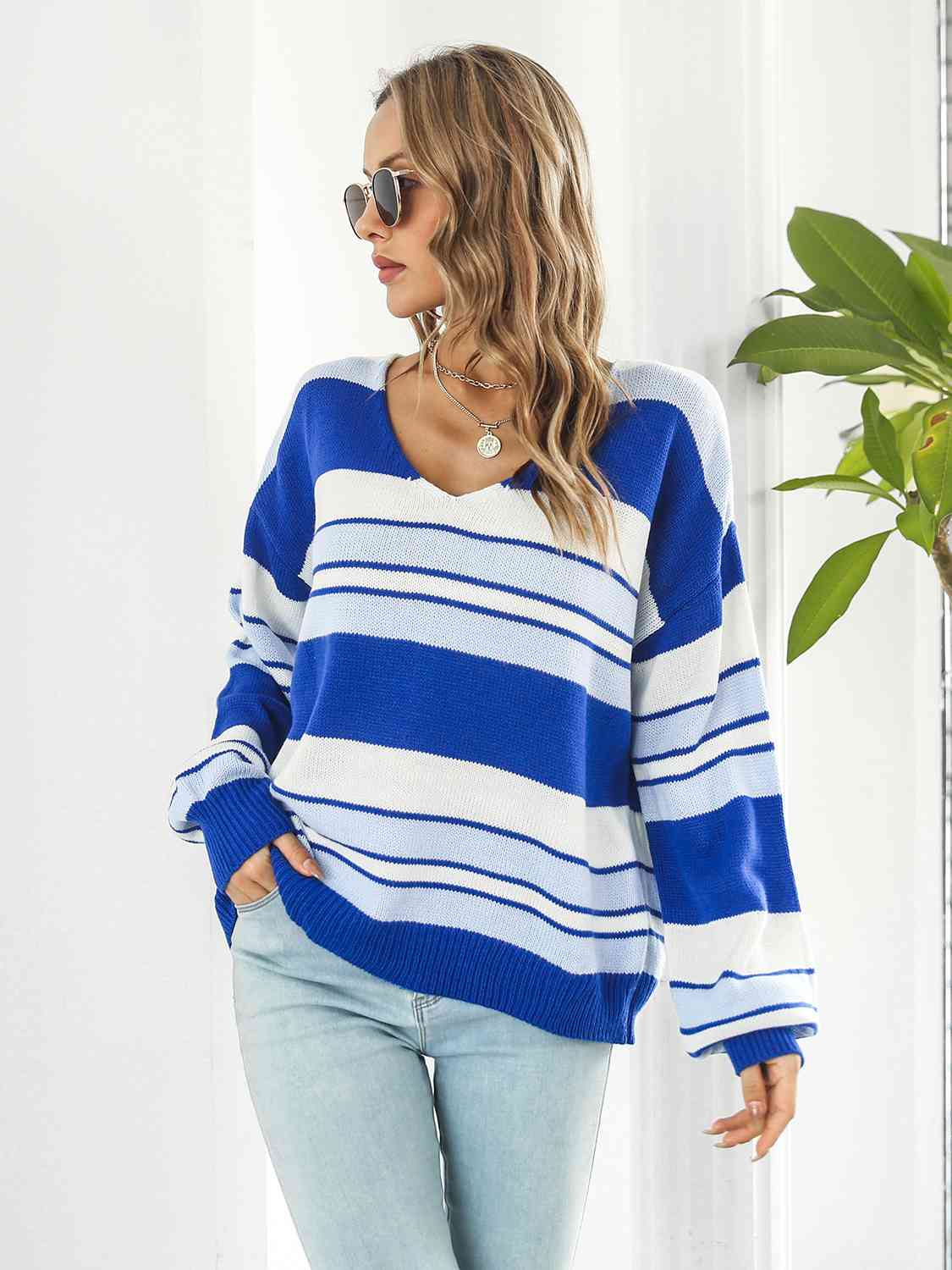 Striped V-Neck Long Sleeve Knit Top BLUE ZONE PLANET