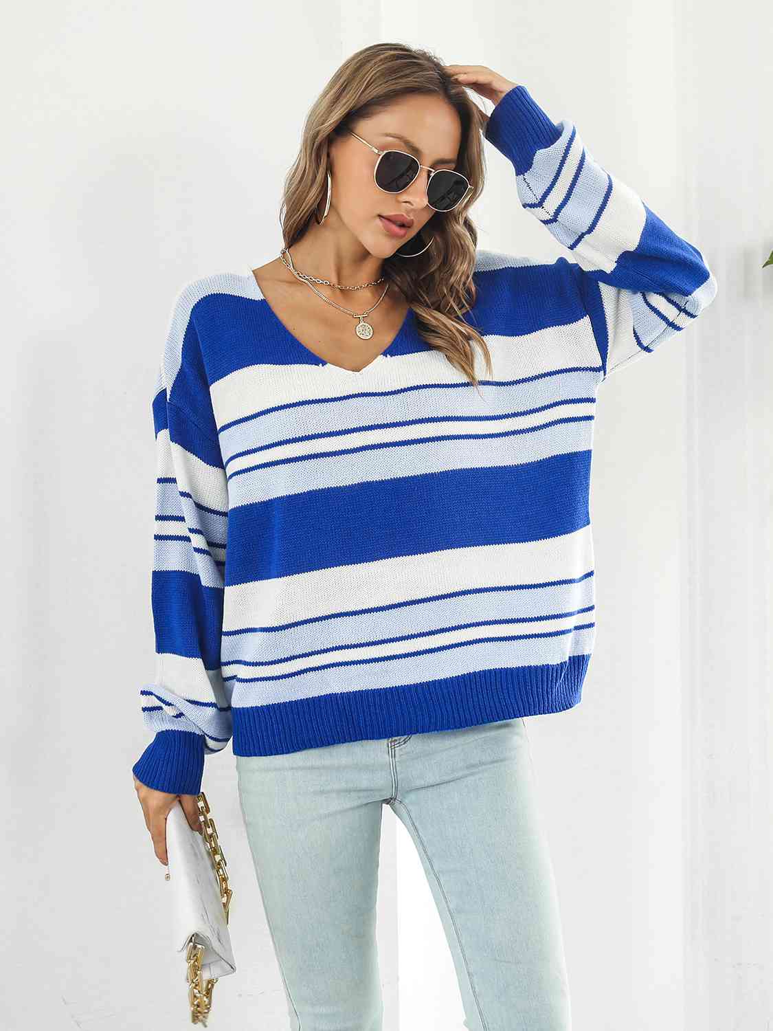 Striped V-Neck Long Sleeve Knit Top BLUE ZONE PLANET