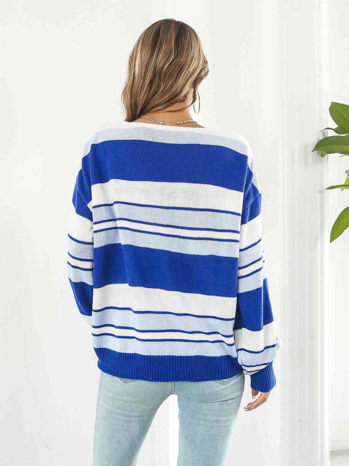 Striped V-Neck Long Sleeve Knit Top BLUE ZONE PLANET