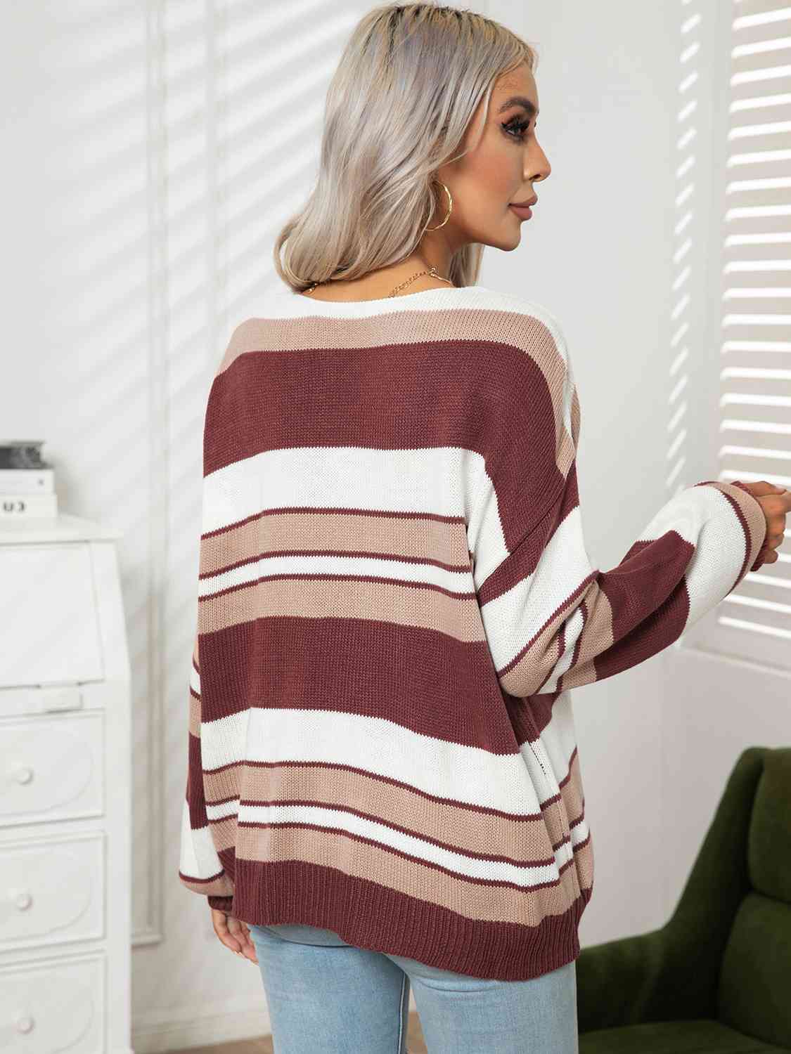 Striped V-Neck Long Sleeve Knit Top BLUE ZONE PLANET