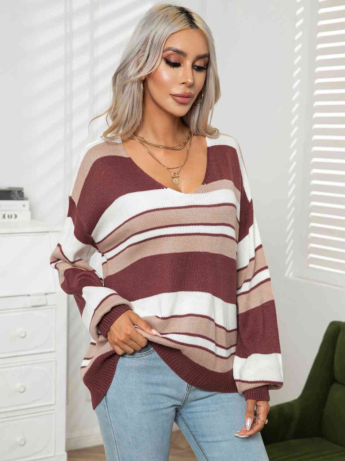 Striped V-Neck Long Sleeve Knit Top BLUE ZONE PLANET