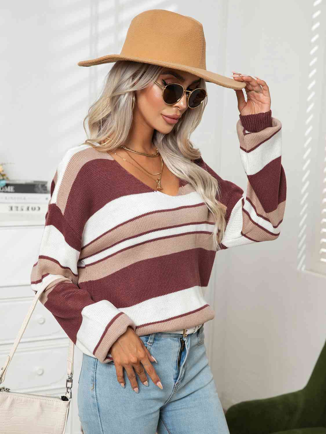 Striped V-Neck Long Sleeve Knit Top BLUE ZONE PLANET