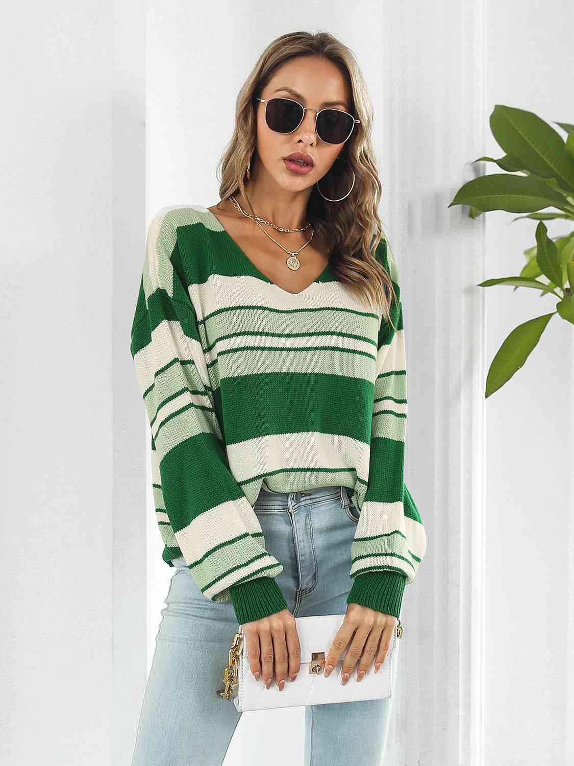 Striped V-Neck Long Sleeve Knit Top BLUE ZONE PLANET