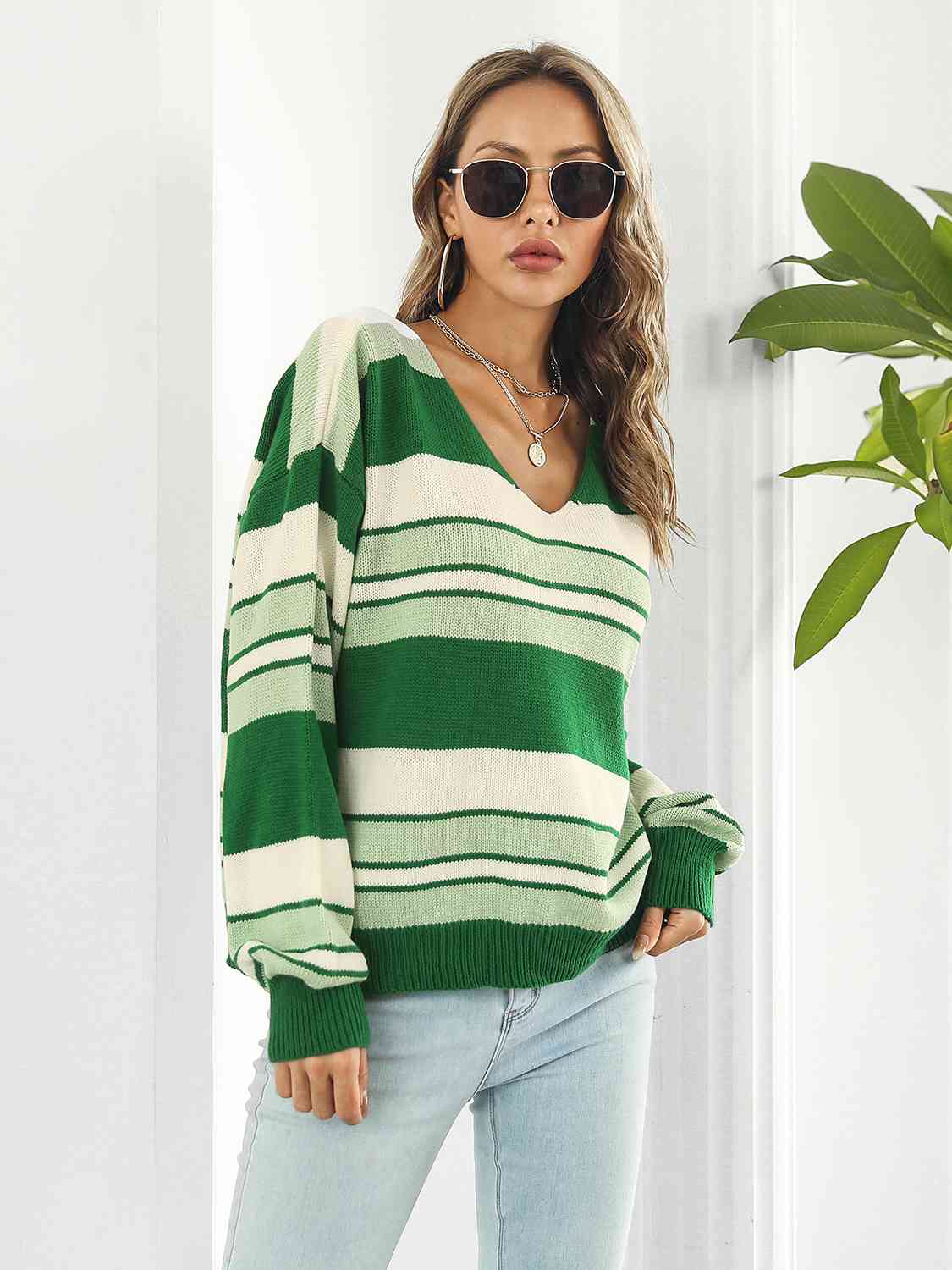 Striped V-Neck Long Sleeve Knit Top BLUE ZONE PLANET