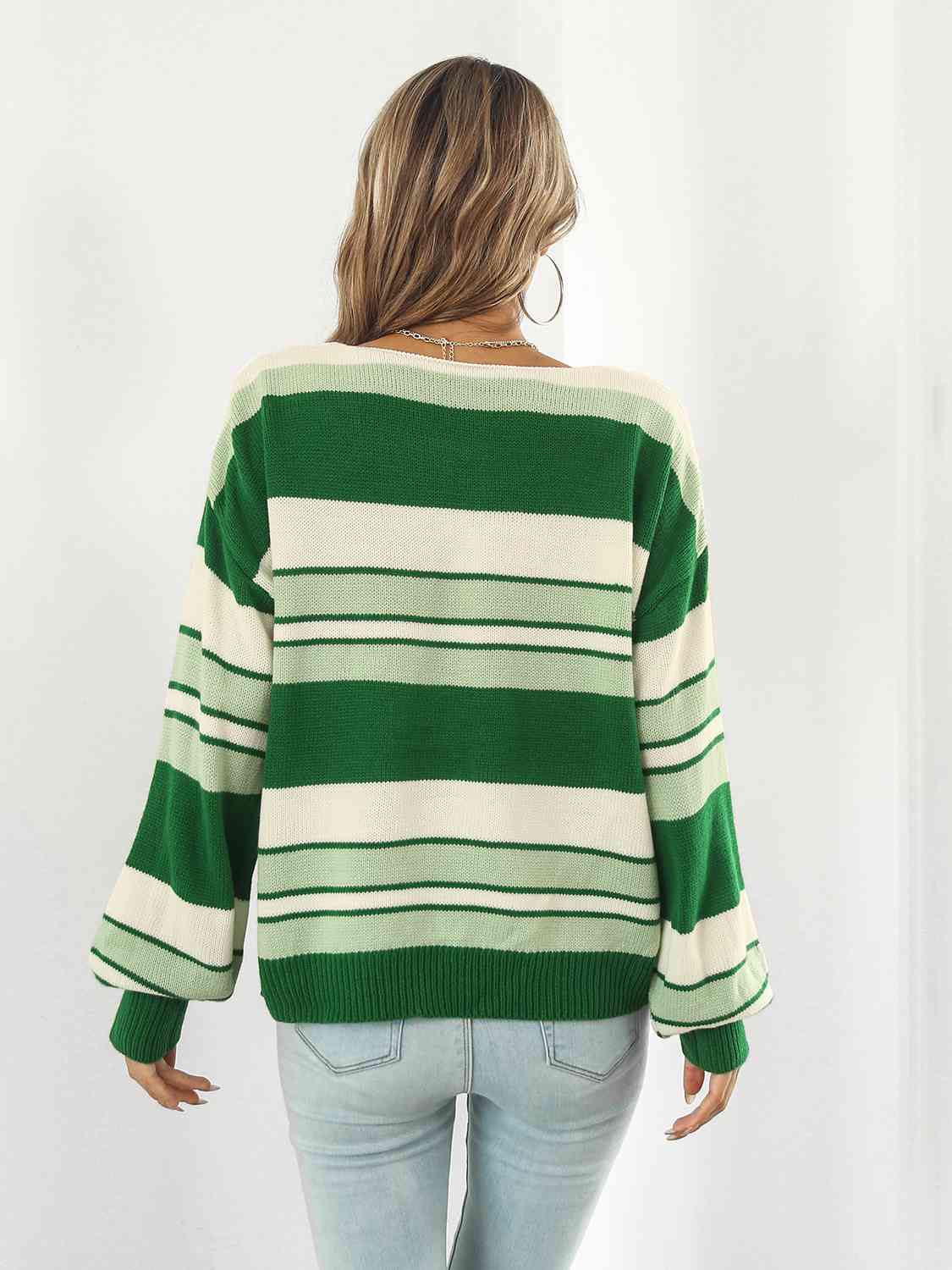 Striped V-Neck Long Sleeve Knit Top BLUE ZONE PLANET