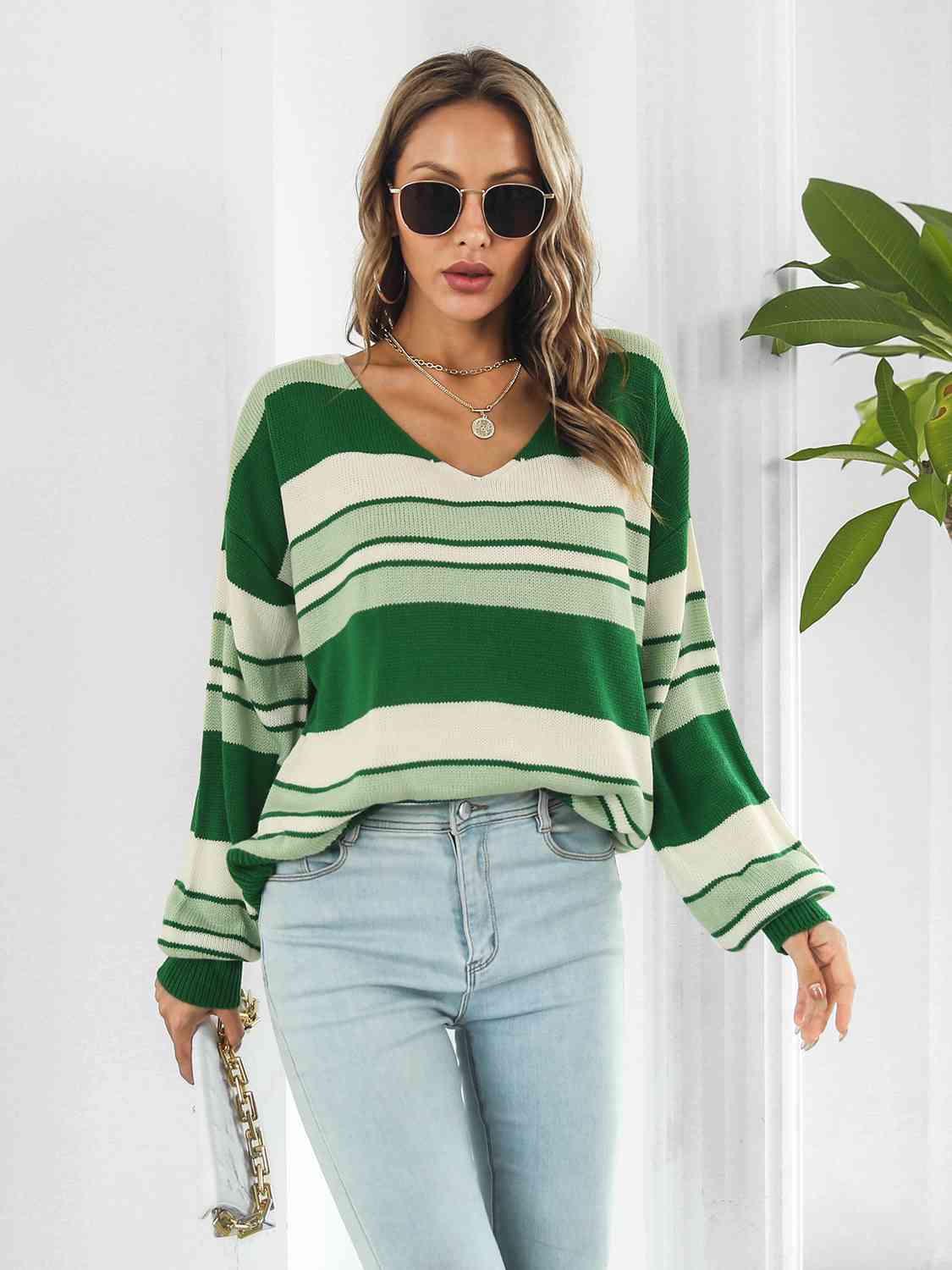 Striped V-Neck Long Sleeve Knit Top BLUE ZONE PLANET