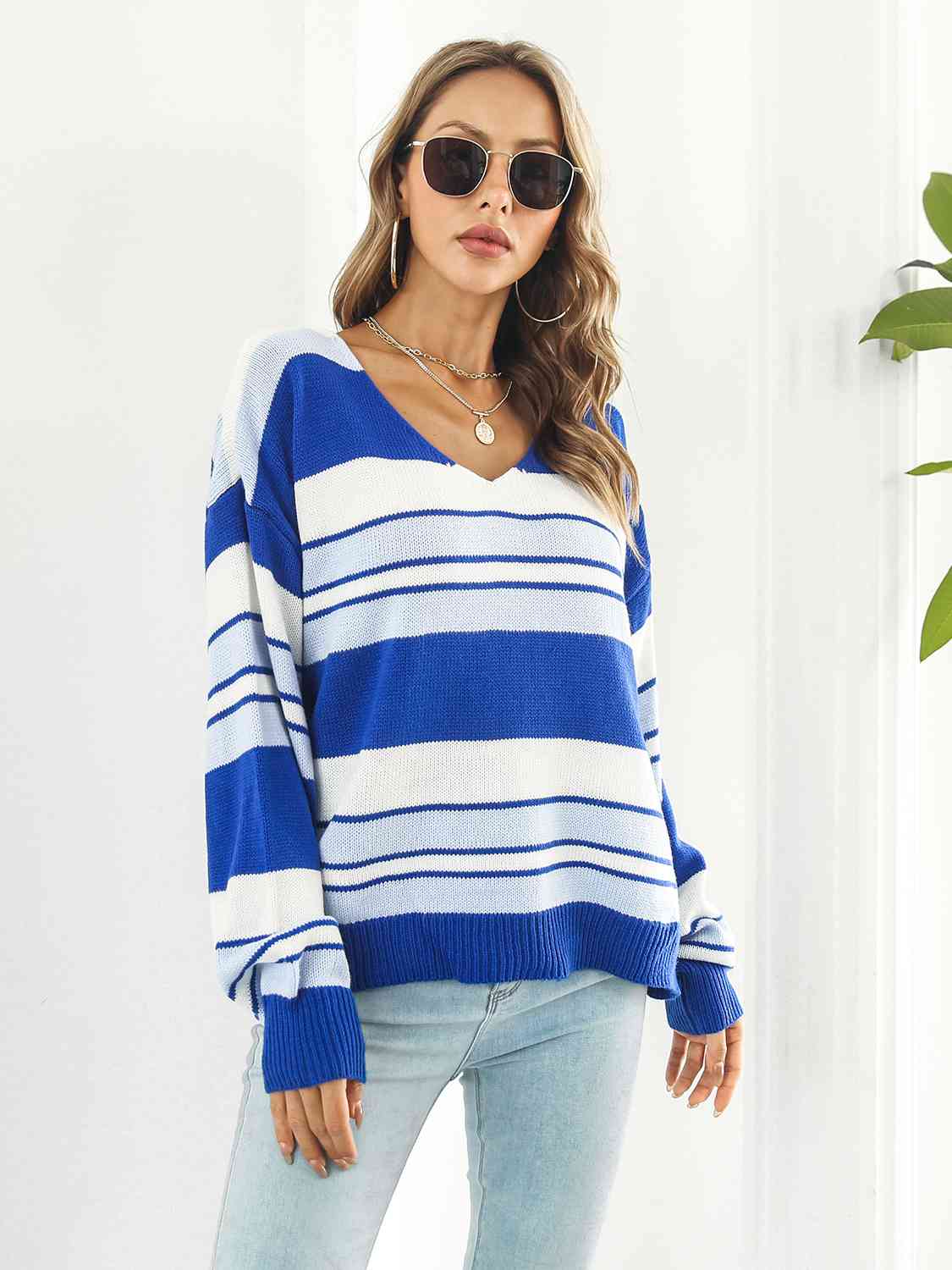 Striped V-Neck Long Sleeve Knit Top BLUE ZONE PLANET