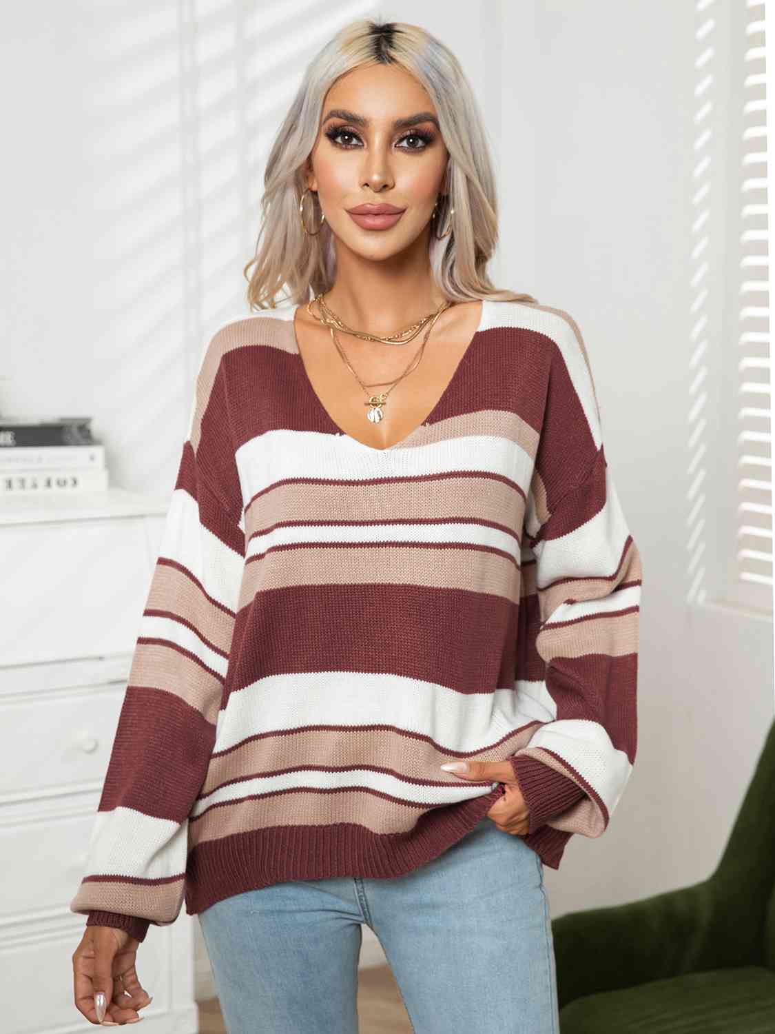 Striped V-Neck Long Sleeve Knit Top BLUE ZONE PLANET