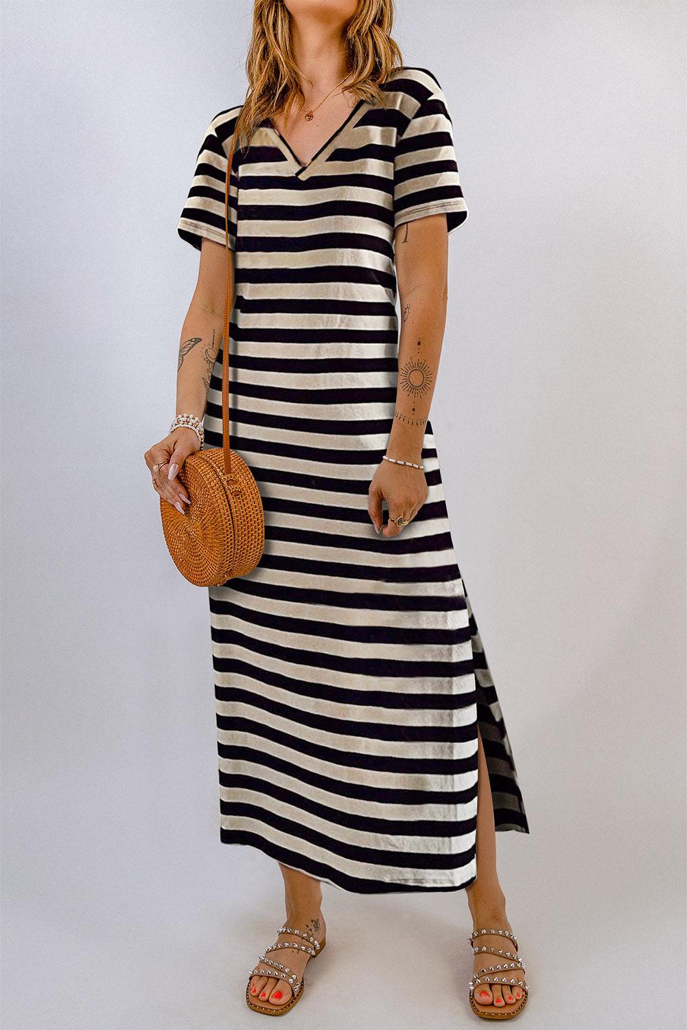 Striped V-Neck Short Sleeve Side Slit Dress BLUE ZONE PLANET