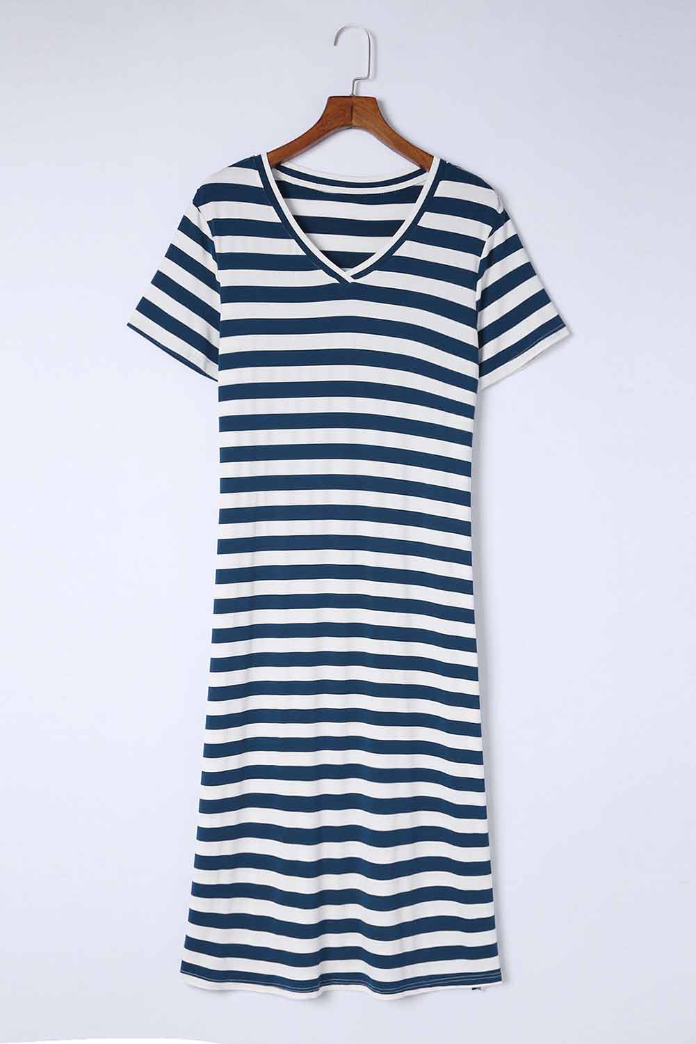 Striped V-Neck Short Sleeve Side Slit Dress BLUE ZONE PLANET