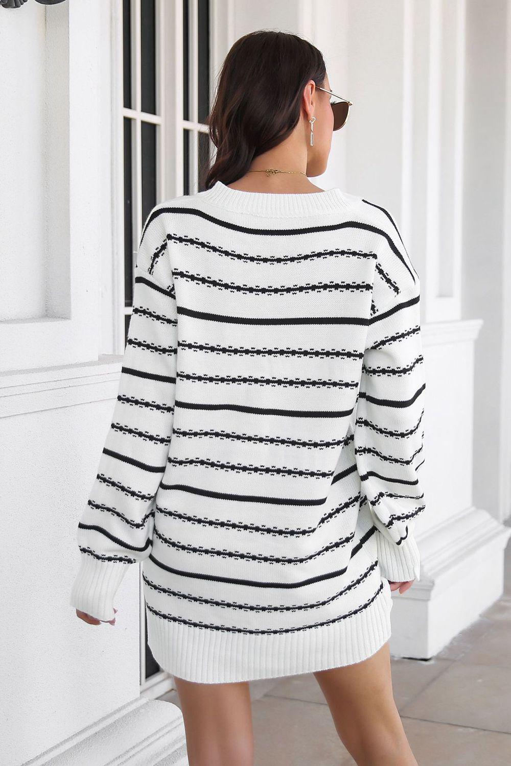 Striped V-Neck Sweater Dress BLUE ZONE PLANET