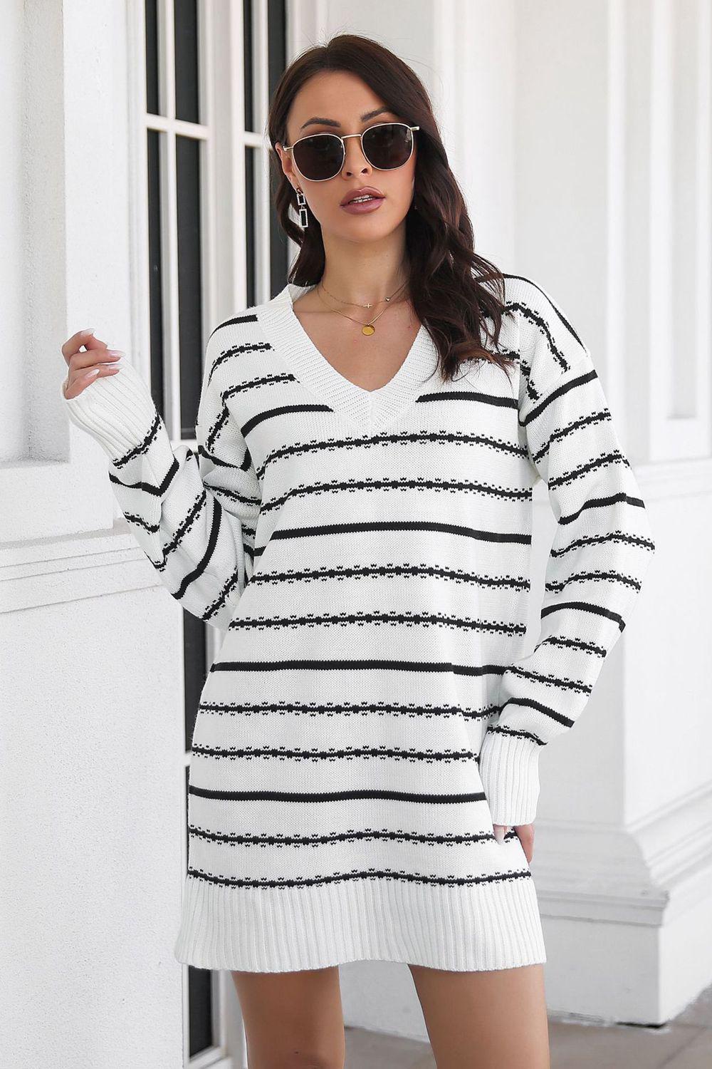 Striped V-Neck Sweater Dress BLUE ZONE PLANET