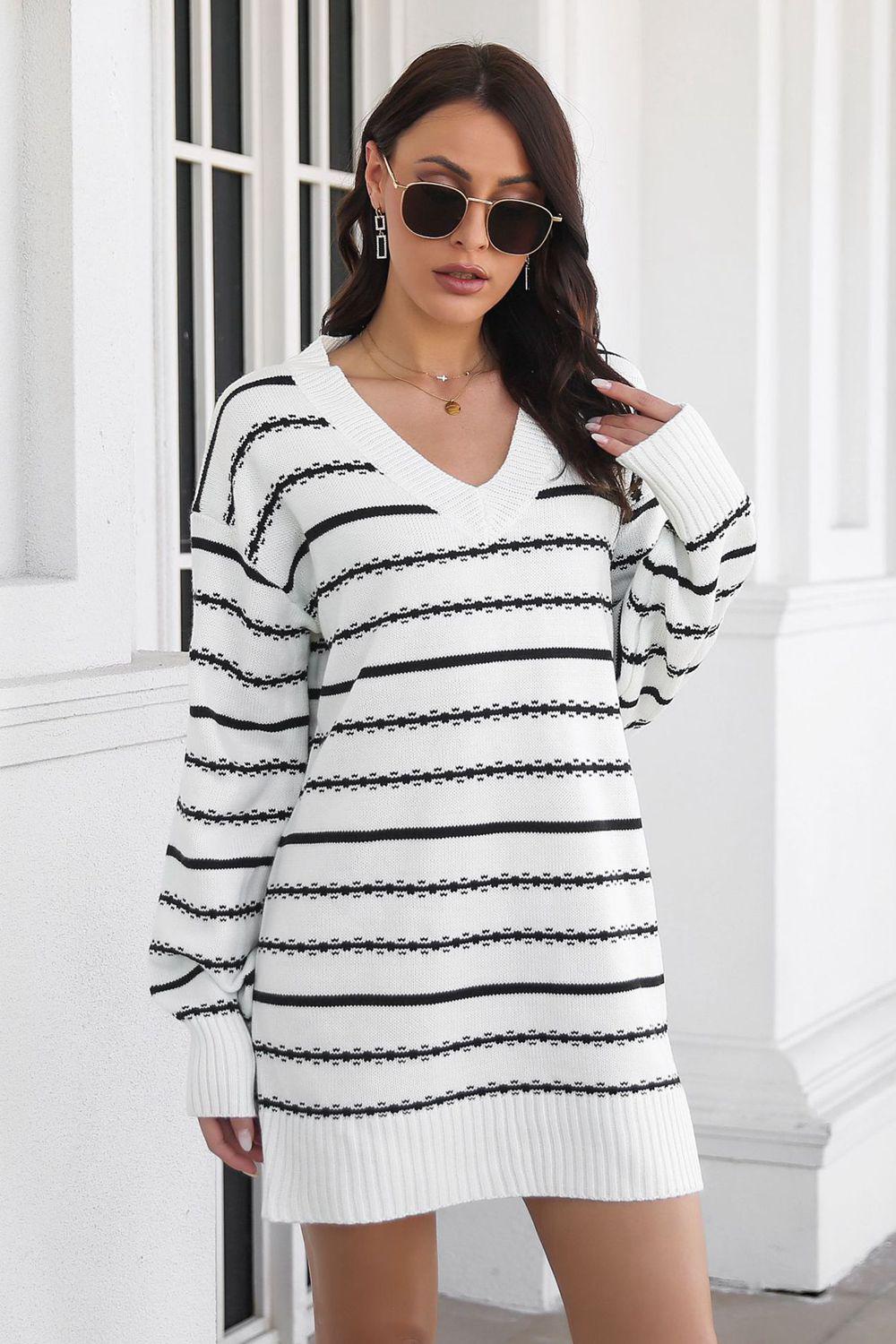 Striped V-Neck Sweater Dress BLUE ZONE PLANET