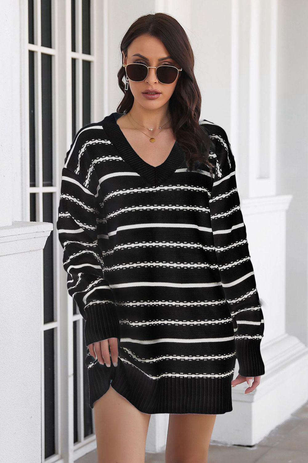 Striped V-Neck Sweater Dress BLUE ZONE PLANET