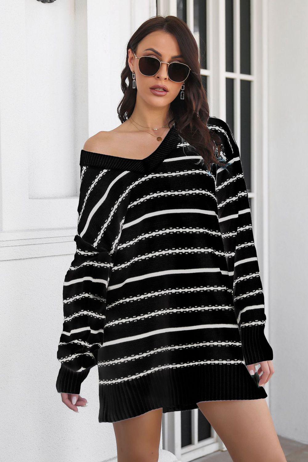 Striped V-Neck Sweater Dress BLUE ZONE PLANET