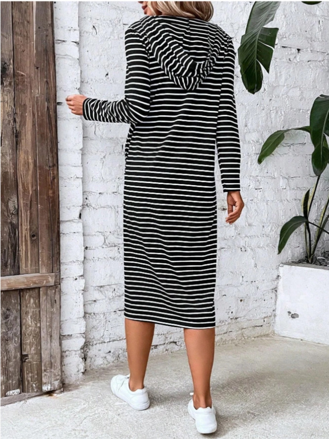 Striped Zip Front Hooded Dress BLUE ZONE PLANET