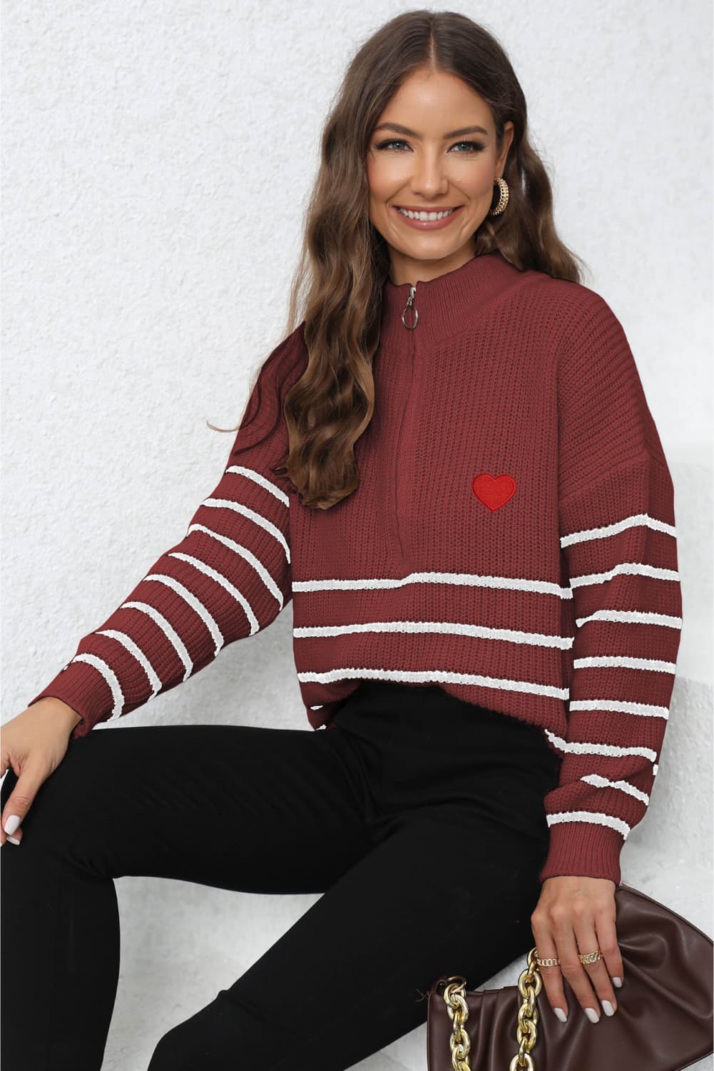 Striped Zip-Up Long Sleeve Ribbed Sweater BLUE ZONE PLANET