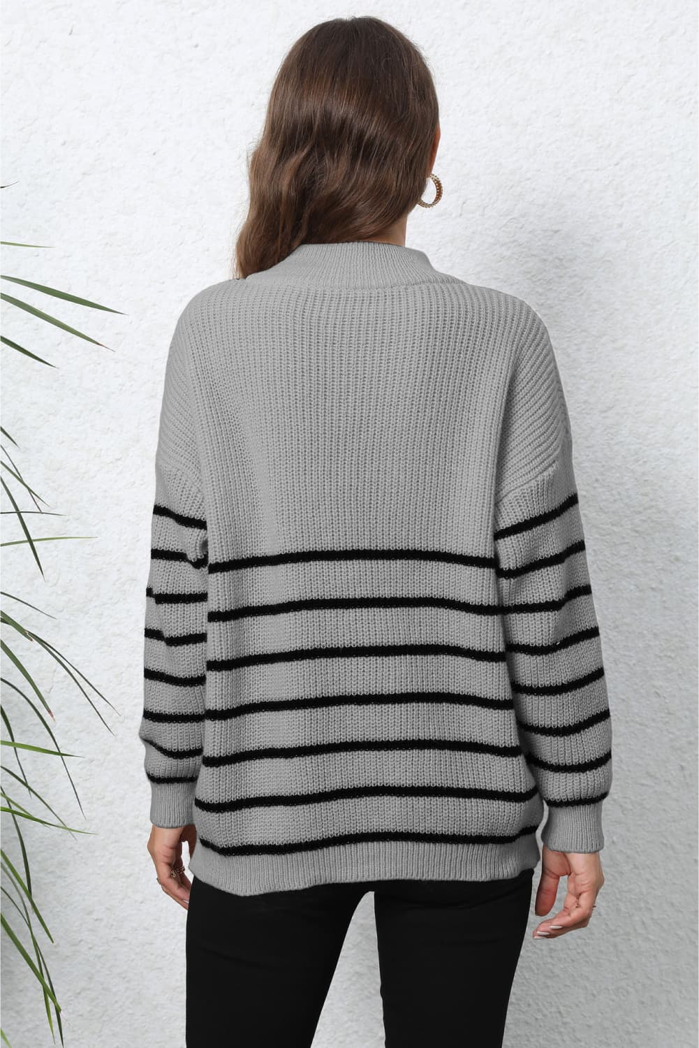 Striped Zip-Up Long Sleeve Ribbed Sweater BLUE ZONE PLANET