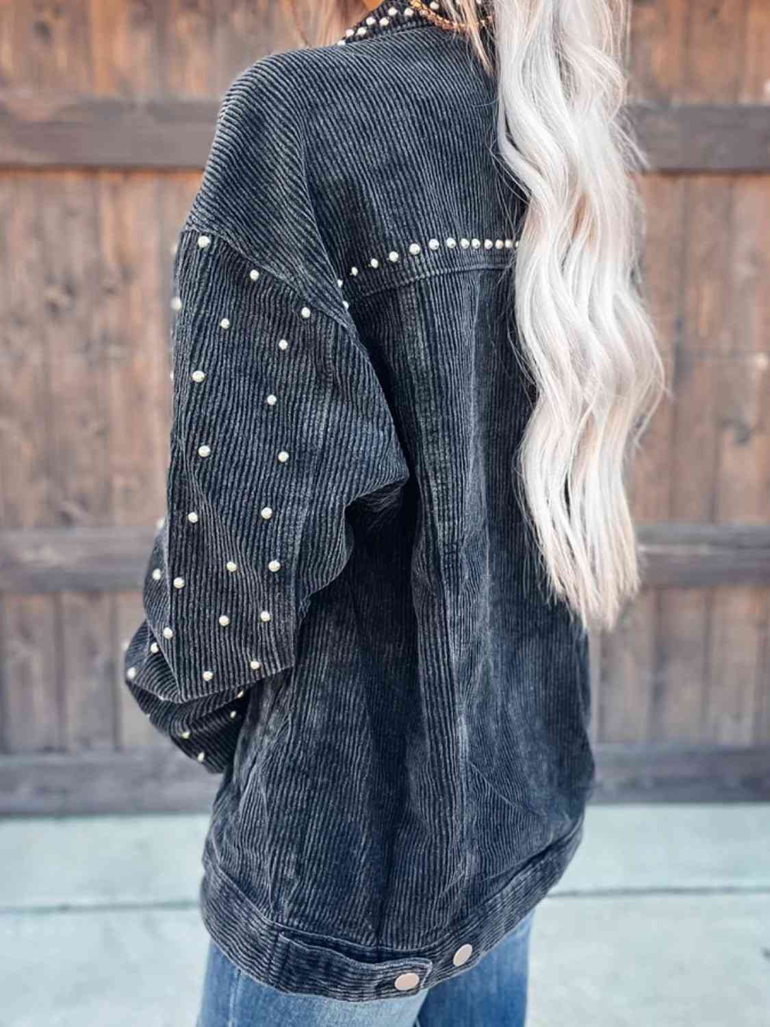 Studded Collared Neck Button Down Jacket BLUE ZONE PLANET