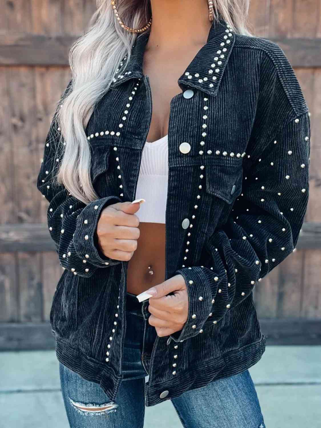 Studded Collared Neck Button Down Jacket BLUE ZONE PLANET