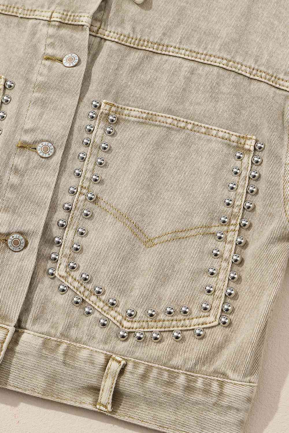 Studded Collared Neck Denim Jacket with Pockets BLUE ZONE PLANET