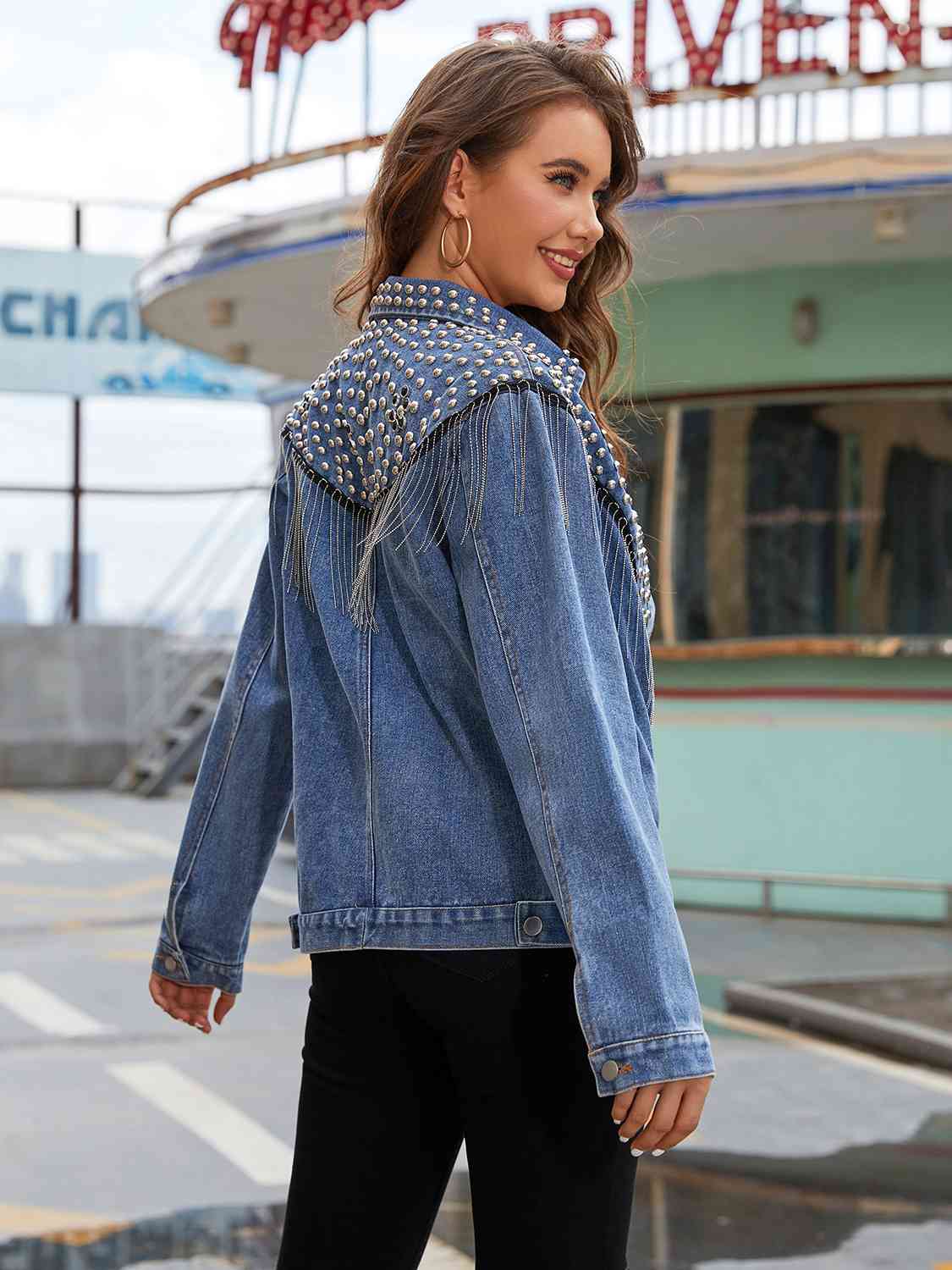 Studded Fringe Button Down Denim Jacket BLUE ZONE PLANET