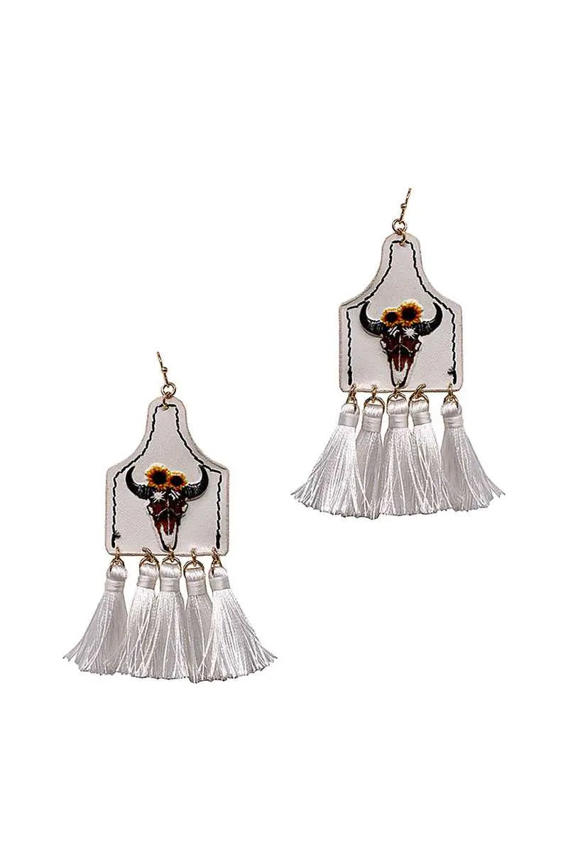 Stylish Western Cow Skull And Tassel Drop Earring Blue Zone Planet