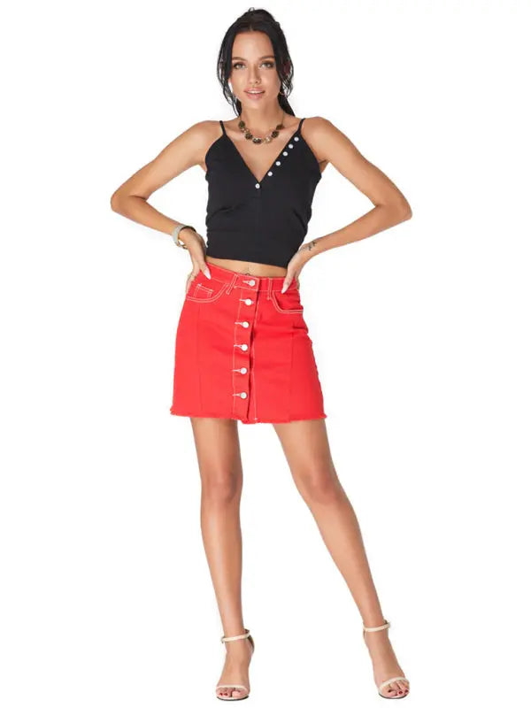 Spring/Summer Red Buttoned Slim Fit Denim Skirt kakaclo