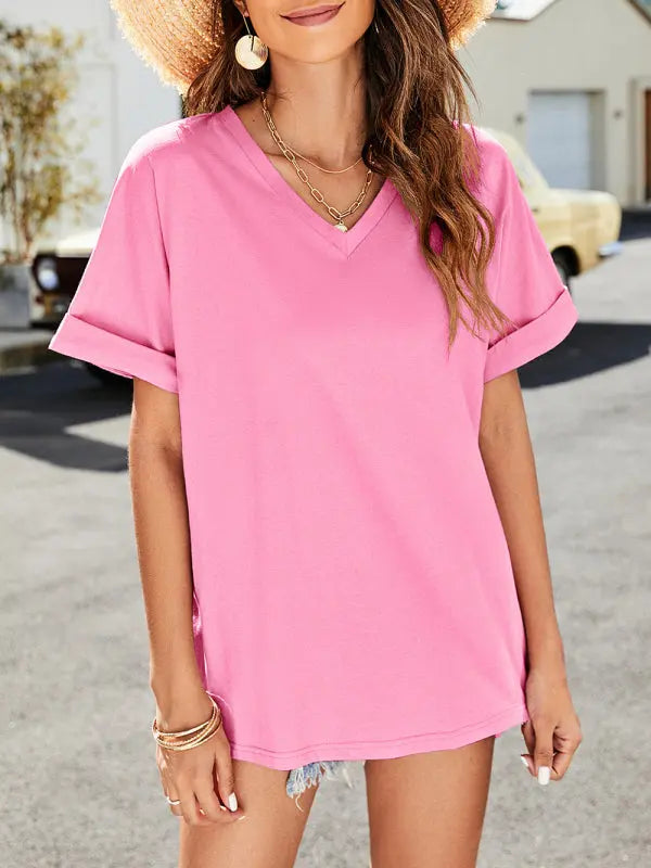 Summer new solid color v-neck short-sleeved top with short front and long rear slits kakaclo