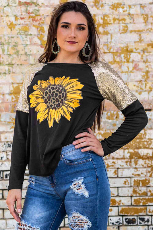 Sunflower Graphic Sequin T-Shirt-TOPS / DRESSES-[Adult]-[Female]-Black-S-2022 Online Blue Zone Planet
