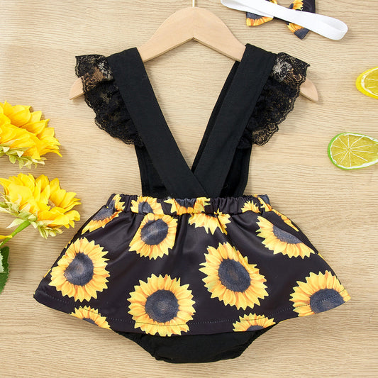 Sunflower Print Spliced Lace Bodysuit Dress-TOPS / DRESSES-[Adult]-[Female]-Floral-0-3M-2022 Online Blue Zone Planet
