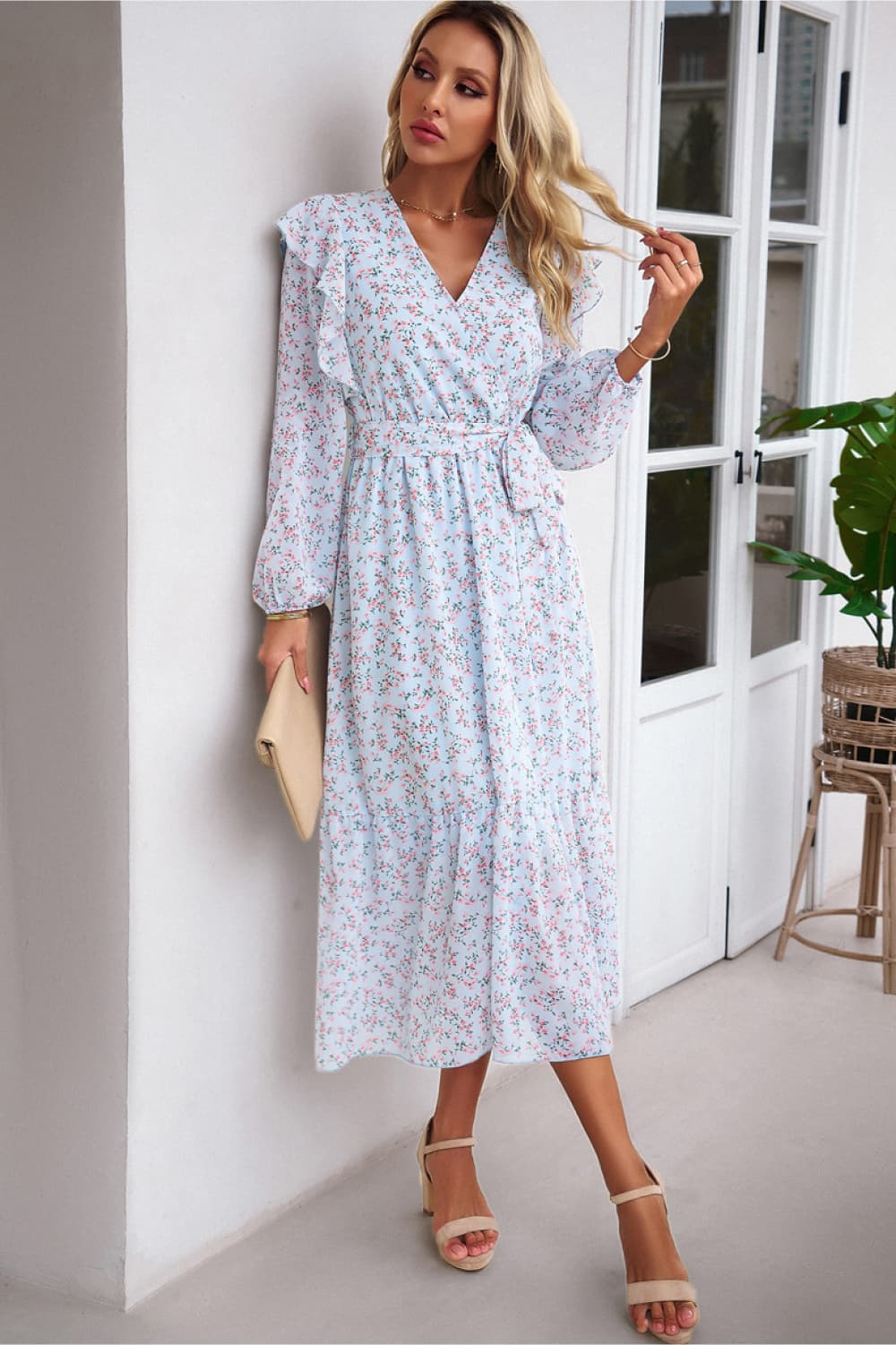 Surplice Neck Balloon Sleeve Midi Dress BLUE ZONE PLANET