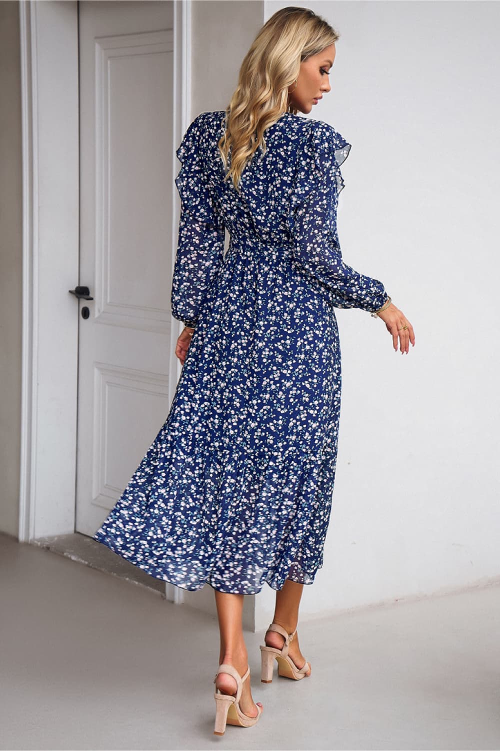 Surplice Neck Balloon Sleeve Midi Dress BLUE ZONE PLANET