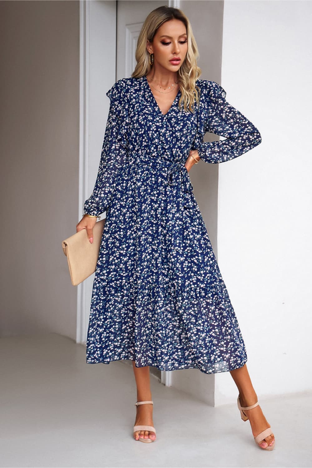 Surplice Neck Balloon Sleeve Midi Dress BLUE ZONE PLANET