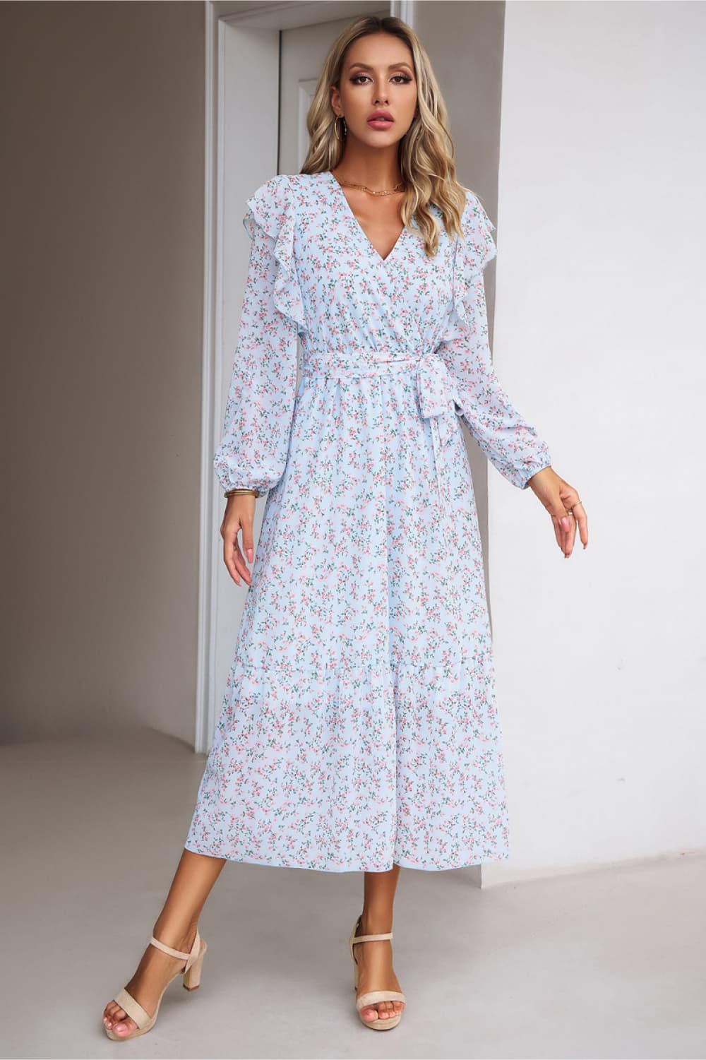 Surplice Neck Balloon Sleeve Midi Dress BLUE ZONE PLANET