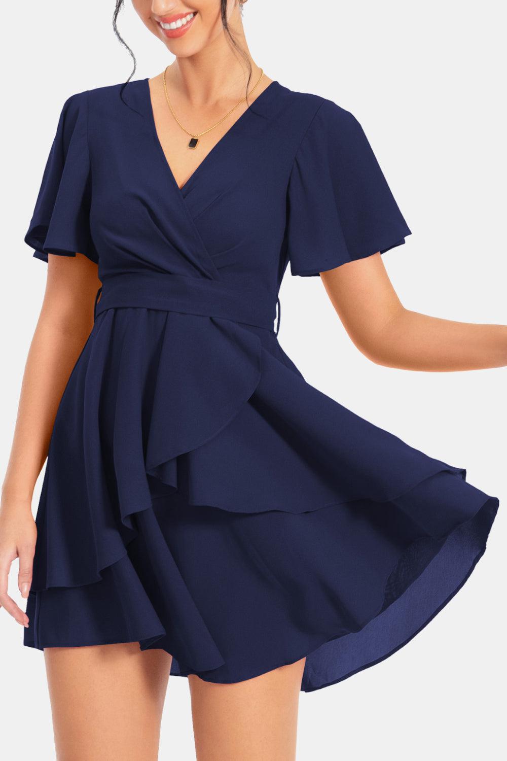 Surplice Neck Flutter Sleeve Dress BLUE ZONE PLANET