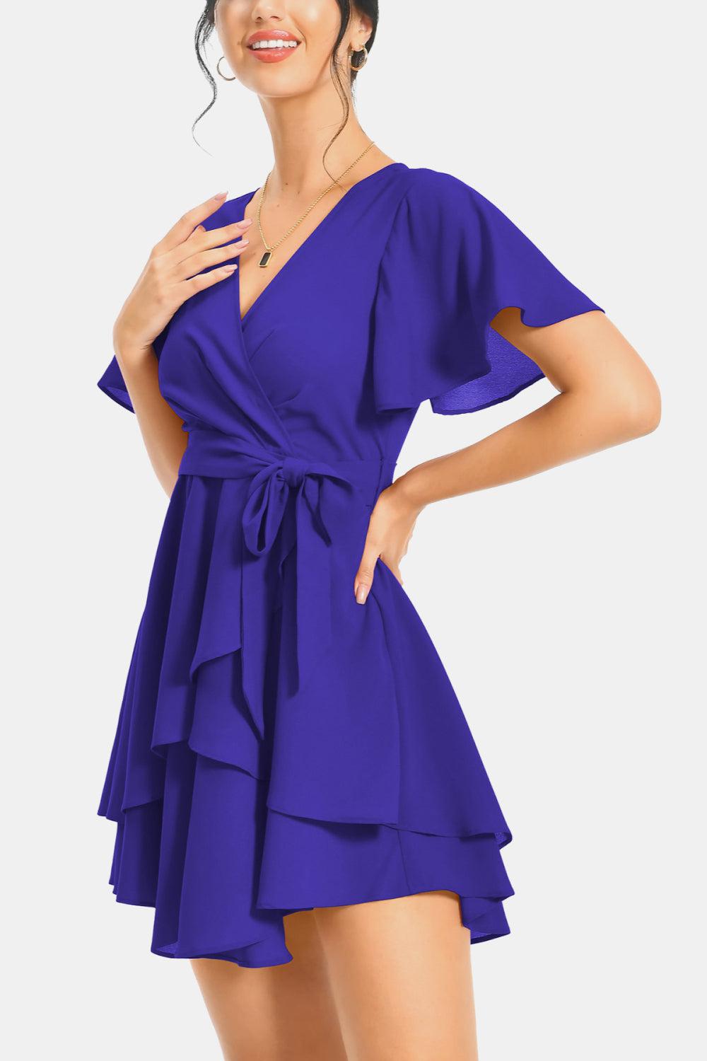 Surplice Neck Flutter Sleeve Dress BLUE ZONE PLANET