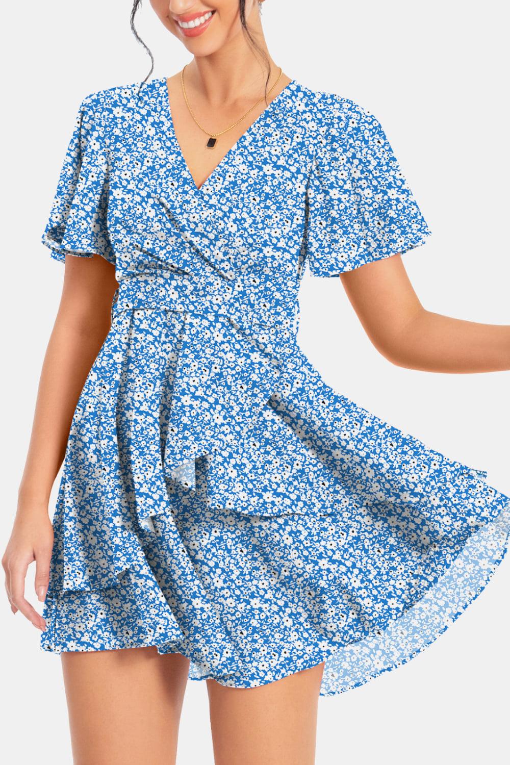 Surplice Neck Flutter Sleeve Dress BLUE ZONE PLANET