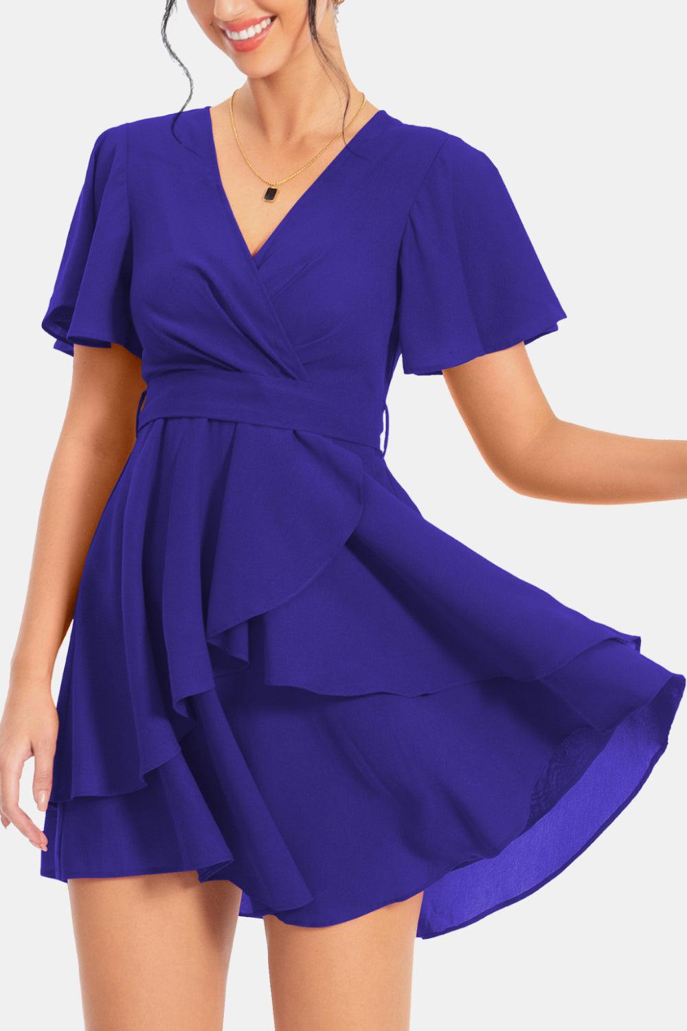 Surplice Neck Flutter Sleeve Dress BLUE ZONE PLANET