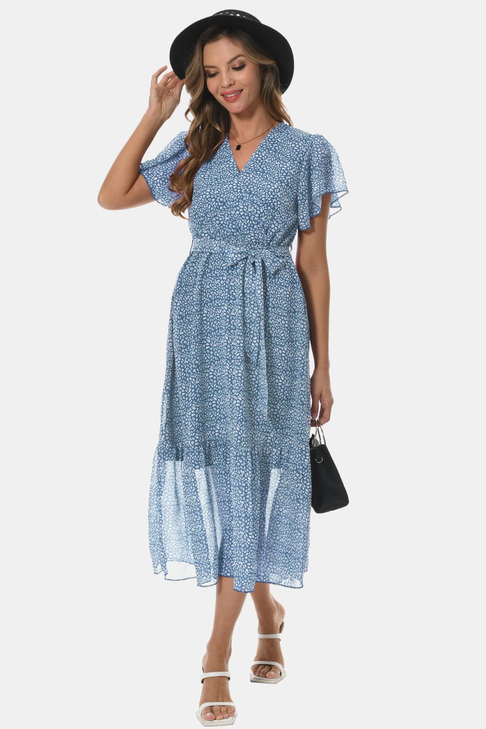 Surplice Neck Flutter Sleeve Tied Dress BLUE ZONE PLANET