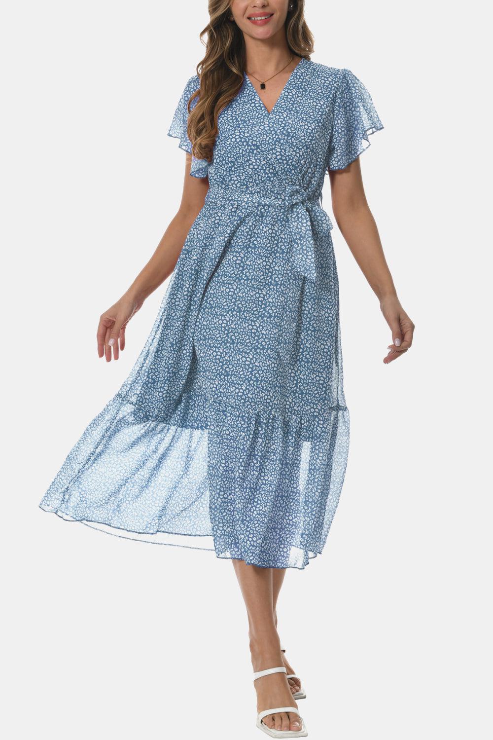 Surplice Neck Flutter Sleeve Tied Dress BLUE ZONE PLANET