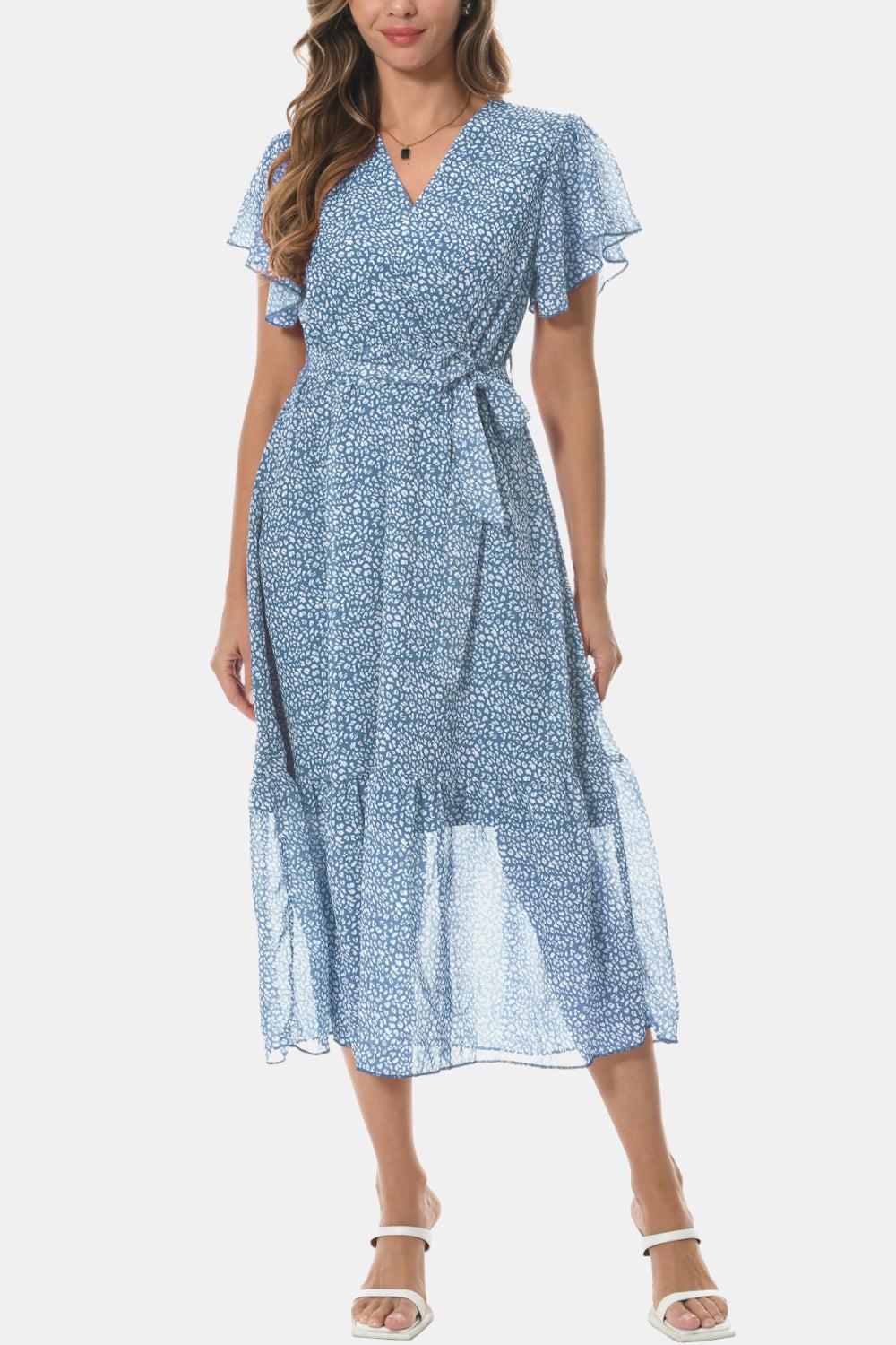 Surplice Neck Flutter Sleeve Tied Dress BLUE ZONE PLANET