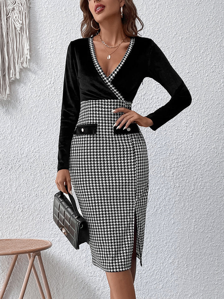 Surplice Neck Houndstooth Dress BLUE ZONE PLANET