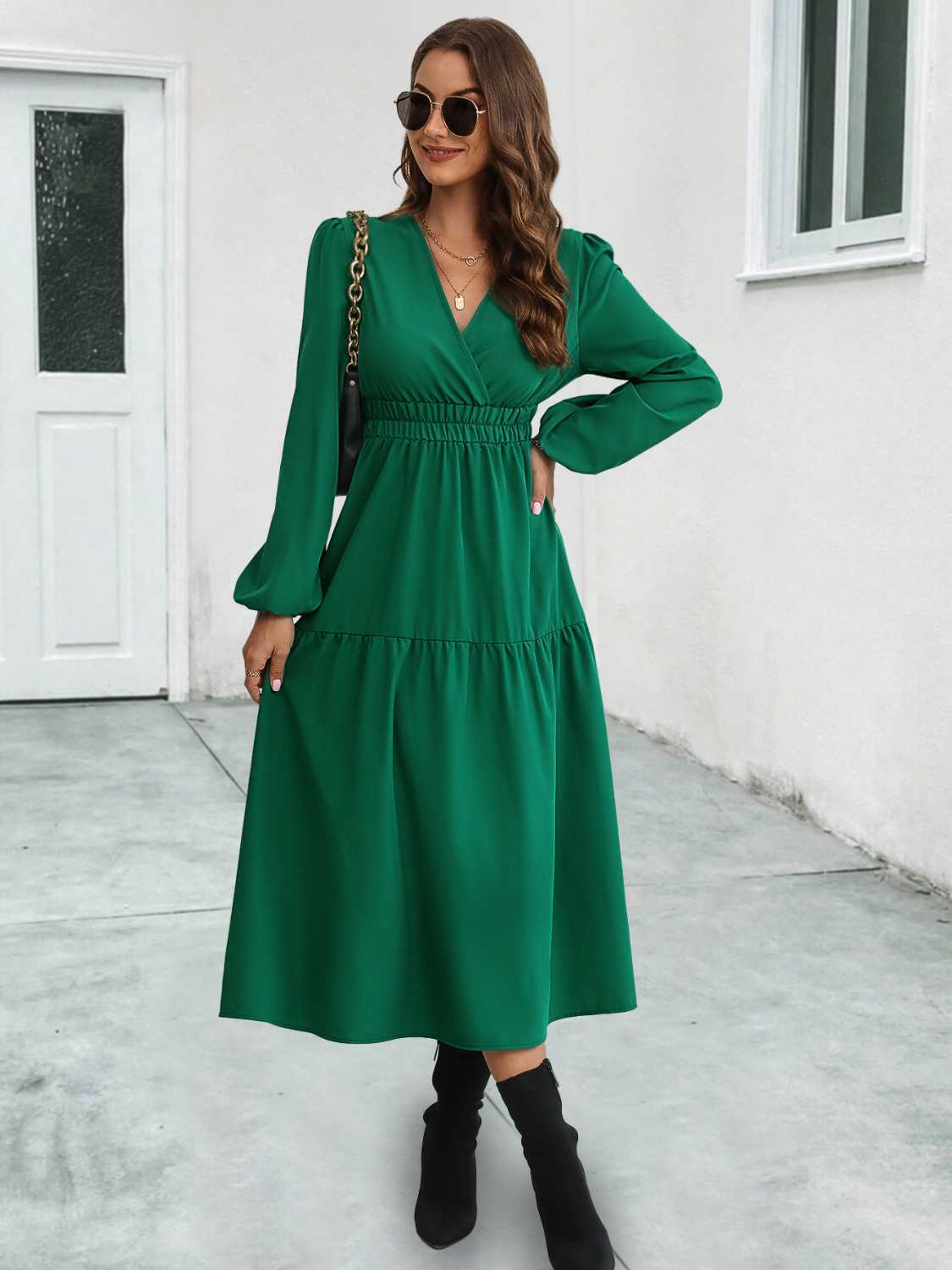 Surplice Neck Long Sleeve Midi Dress BLUE ZONE PLANET