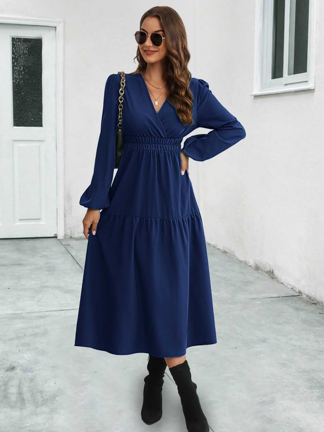 Surplice Neck Long Sleeve Midi Dress BLUE ZONE PLANET