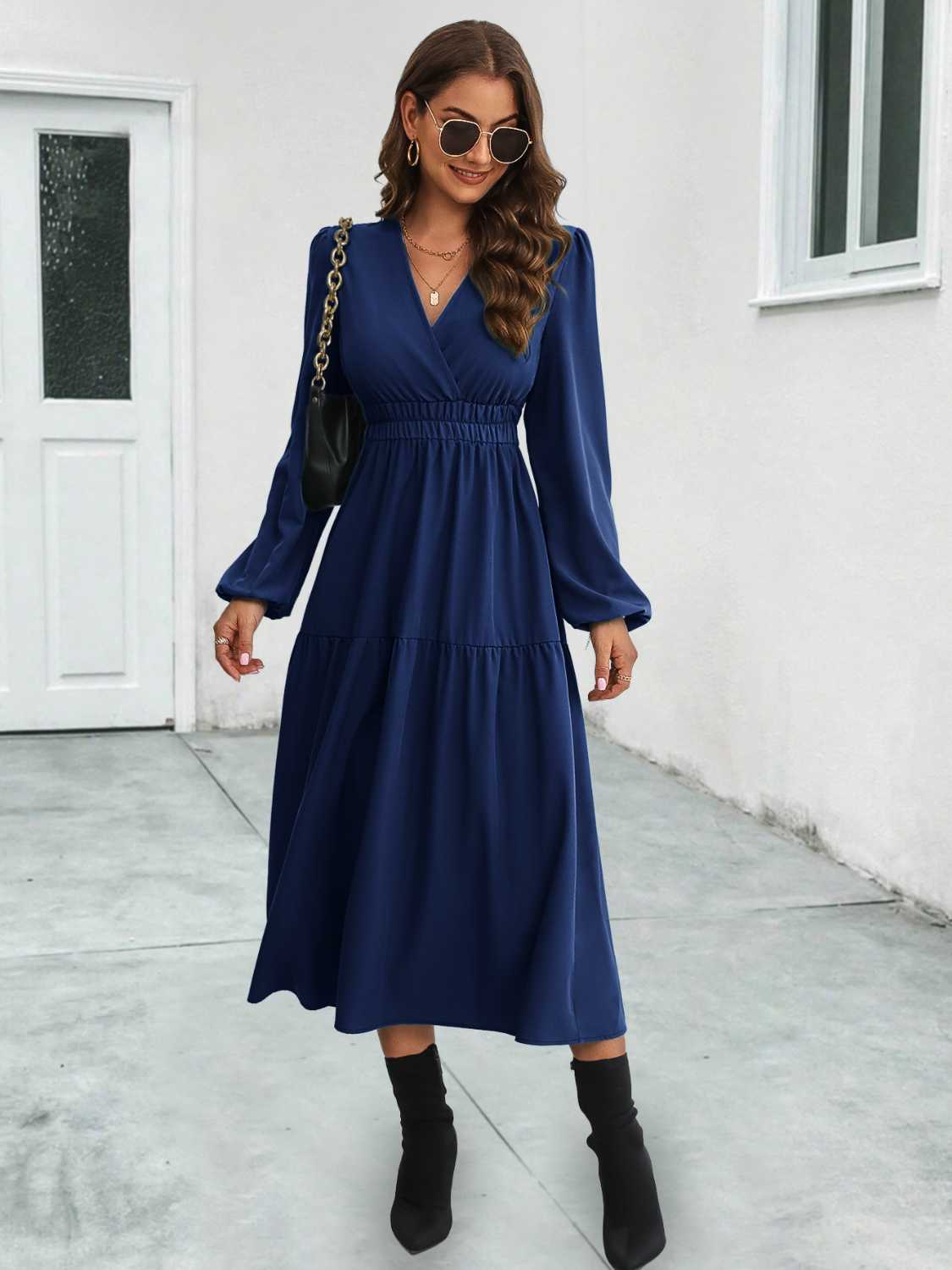 Surplice Neck Long Sleeve Midi Dress BLUE ZONE PLANET