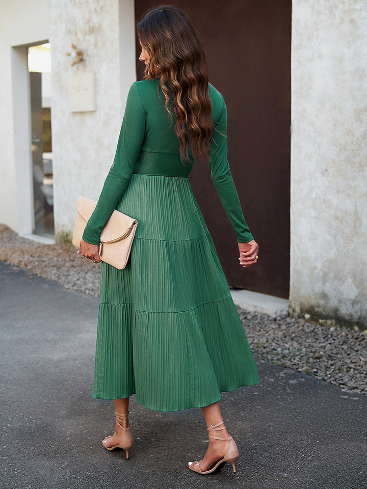 Surplice Neck Long Sleeve Smocked Waist Midi Dress BLUE ZONE PLANET